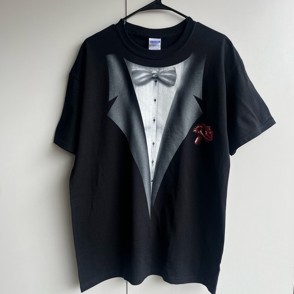 Tuxedo T-shirt. Size large black and white with red flower front print. - Picture 4 of 5
